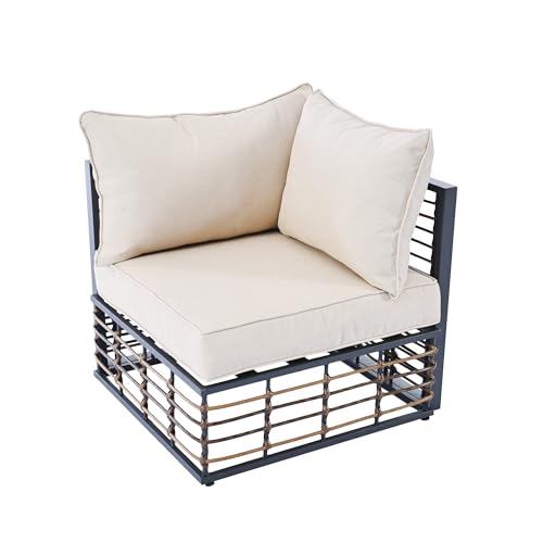 RUNNA Modern Minimalist 7-Piece Metal Patio Sectional Sofa Set, All-Weather Garden Conversational Furniture Set with Thick Cushions and Coffee Table for Indoor Outdoor (Dark Gray Frame+ Brown Ratta)