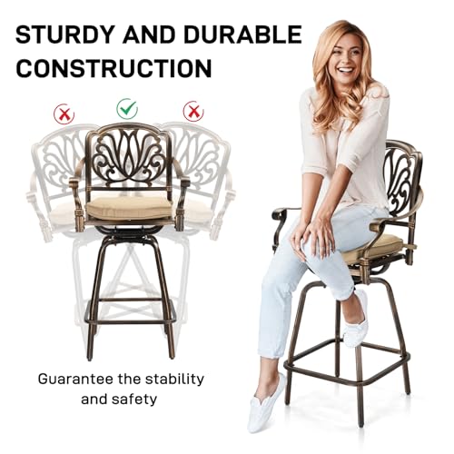 VINGLI Outdoor Swivel Bar Stools Set of 2, Cast Aluminum Patio Bar Height Chairs, All-Weather Bar Dining Chairs Outdoor Swivel Patio Furniture (Elizabethan Back)