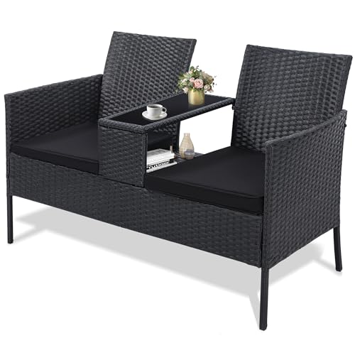 Kromax Wicker 2 Seat Patio Loveseat, Outdoor Rattan Loveseat with Table, Washable Cushion Covers, Backyard, Garden, Lawn, Black Rattan with Black Cushion