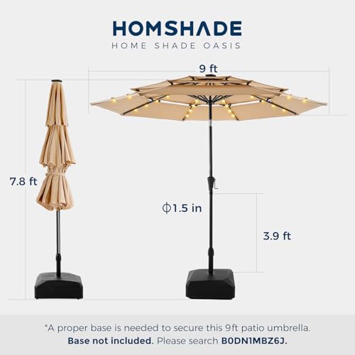 HOMSHADE 9FT 3-Tier Solar Patio Umbrella Heavy Duty, Vented Market Table Umbrella Windproof with 32 LED Lights, UPF50+, 5-Year Fade Resistant, 8 Thicker Ribs for Pool, Lawn, Garden, Deck (Beige,No Base)