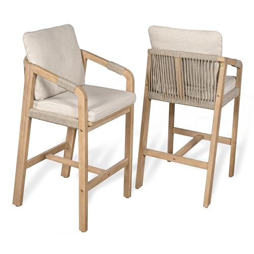 JONATHAN Y Porto Acacia Wood Outdoor Bar Stool Set of 2 for Patio and Kitchen Counter, Coastal Woven Rope Armchairs with Removable Cushions, Light Teak BSL1200A-SET2