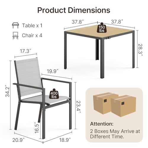 Ahomly Patio Table and Chairs Set for 4, All-Weather Outdoor Dining Set with Umbrella Hole, Outdoor Table and Chairst for Patio, Lawn, Garden, or Deck, Rustproof Steel Frame, Grey