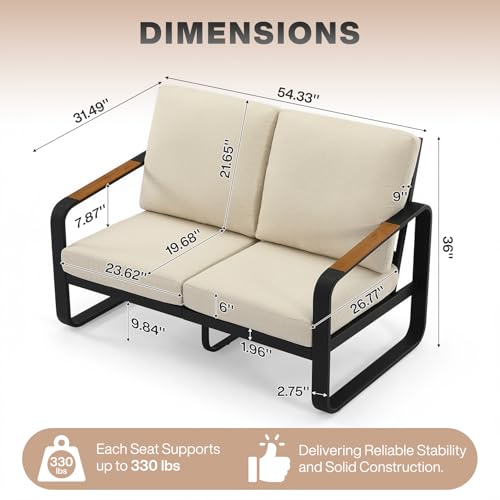 Tribesigns Outdoor Loveseat with Tall Back & Oversized Seat, Modern Metal Frame Patio 2-Seater Sofa with 6'' Thick Cushions, All-Weather Conversation Sofa for Backyard, Porch, Balcony, Poolside, Beige