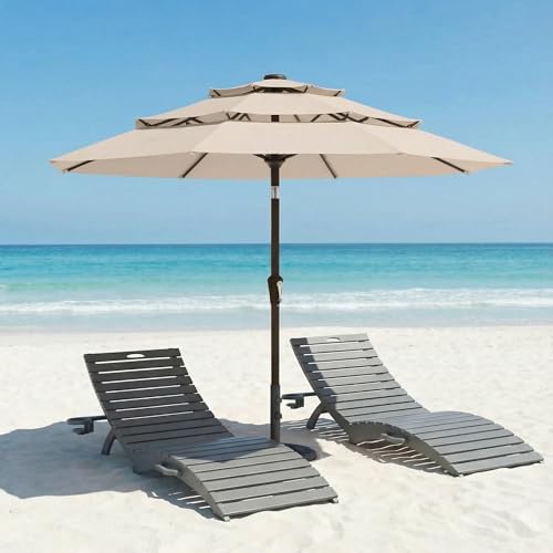 Patio Kingdom 10ft Patio Umbrella, 3 Tier Outdoor Market Table Umbrellas with 8 Fiberglass Ribs and Push Button Tilt, Windproof, Vented Canopy, UV Protection for Deck, Pool, Backyard, Beige
