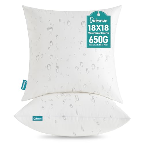 Oubonun 18 x 18 Outdoor Pillow Inserts (Pack of 2) - Square Waterproof Throw Pillow - Decorative Throw Pillows Insert for Couch Sofa Bed Patio Furniture - White Pillow