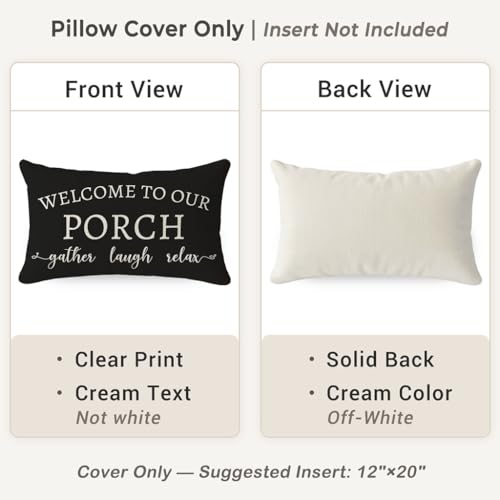 PANDICORN Welcome to Our Porch Stay Awhile Farmhouse Black and White Outdoor Lumbar Decorative Throw Pillow Covers 12x20 Inch Set of 2 Cozy Relax Porch Patio Decorations for Home Couch Bench Decor