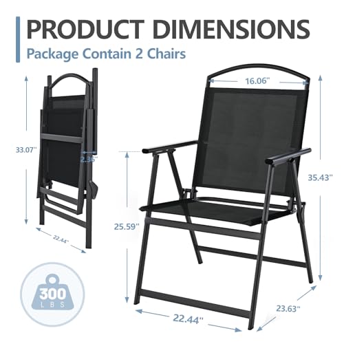 SWITTE Folding Patio Chairs Set of 2, Outdoor Dining Chairs with Armrests, Breathable Textilene & Steel Frame for Lawn, Garden, Yard or Poolside - Black