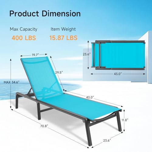 Aluminum Chaise Lounge Chair Outdoor, Foldable & Assembly Free Outdoor Lounge Chair with 5 Position Adjustable Backrest, Patio Pool Lounge Chairs for Outside Poolside Beach Lawn, 1PC, Lake Blue