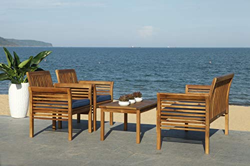 SAFAVIEH Outdoor Collection Carson Natural/ Navy Cushions 4-Piece Conversation Patio Set