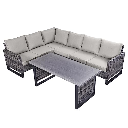 Belord Outdoor Sectional Sofa 6 Seater L Shaped Couch Wicker Patio Conversation Furniture Set with Tree-Grain Finish Metal Dining Table, Rattan Outdoor Furniture with Removable Washable Cushion Beige
