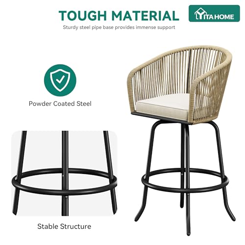 YITAHOME 27" Bar Stools Set of 2 with Arms & Cushions, 360° Swivel Outdoor Bar Stools, All Weather Counter Height Bar Stools Set of 2 with Curved Back for Backyard, Kitchen Island, Dining Room, Beige