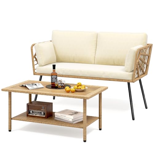 DWVO 2 Pieces Patio Furniture Set, All-Weather Wicker Rattan Loveseat with Thick Cushions & Table, Outdoor Conversation Set for Patio, Balcony, Backyard, Deck, Poolside