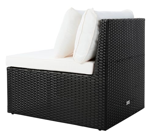 SAFAVIEH Outdoor - Pramla Settee and Ottoman Set - Black & Beige - Steel Frame with Cushion - Coastal Storage Design - Ideal for Patio, Deck, Porch, Backyard (PAT7515A)