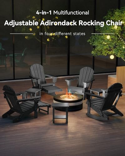 Serique Adjustable Adirondack Rocking Chair with Retractable Ottoman, 4-in-1 Multifunctional Folding Patio Chair with Cup Holder, Outdoor Chair Wood Texture for Lawn, Porch, Backyard, Pool(Black)