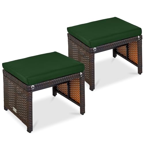 Best Choice Products Set of 2 Wicker Ottomans, Multipurpose Outdoor Furniture for Patio, Backyard, Additional Seating, Footrest, Side Table w/Removable Cushions, Steel Frame - Midnight Green/Brown