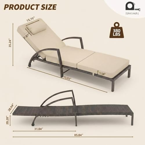 Garvee Outdoor Chaise Lounge Set of 2, 5-Position Adjustable PE Wicker Reclining Chairs with Wheels & 3.5" Cushions, 400 lbs Capacity All-Weather Patio Furniture for Poolside, Garden, Beach(Beige)