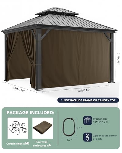 RichSets Gazebo Curtains Outdoor Waterproof - 10'Wx12'Lx7'H Gazebo Universal Replacement Privacy Curtains, 4 Panels Sidewall Drapes with Zipper for Patio Pergola Garden Backyard, Brown