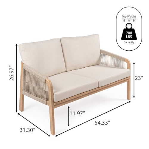 JONATHAN Y Arwen Bohemian Acacia Wood Outdoor Loveseat, 2-Seater Patio Sofa Bench with Woven Rope Details and Thick Cushions for Porch, Balcony, Backyard, 49" W, Light Teak/Beige SFB1001A
