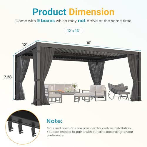 12' x 16' Louvered Pergola, Outdoor Pergola with Curtains & Netting, Metal Patio Pergola with Adjustable Louvers Roof and Gutter System, Metal Hardtop Gazebo for Patio, Deck, Garden, Yard, Dark Gray