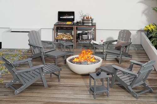 GREENVINES Adjustable Adirondack Chair with Retractable Ottoman Set of 2 | Folding | HDPE Plastic | Fire Pit Chairs w/Foot Rest | 2 Cup Holders | Grey | for Outdoor Patio Poolside Deck
