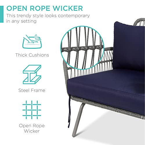 Best Choice Products Outdoor Rope Woven Sectional Patio Furniture L-Shaped Conversation Sofa Set for Backyard, Porch w/Thick Cushions, Detachable Lounger, Side Table - Gray/Navy
