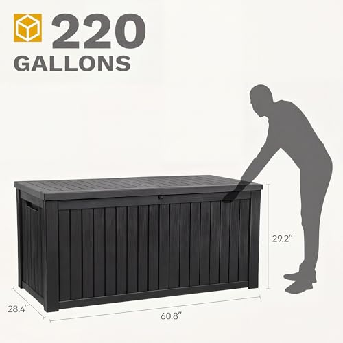 DWVO 220 Gallon Extra-Large Patio Deck Box, Waterproof Resin Outdoor Storage Box with Removable Divider for Patio, Garden, Pool, Furniture and Tools, Black