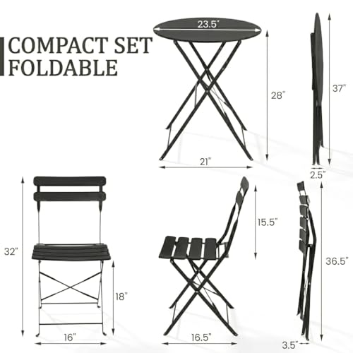 wildformers Outdoor Compact Folding Bistro Table and Chairs Set of 2, No Assembly Steel Patio Furniture for Small Balcony Yard, Black