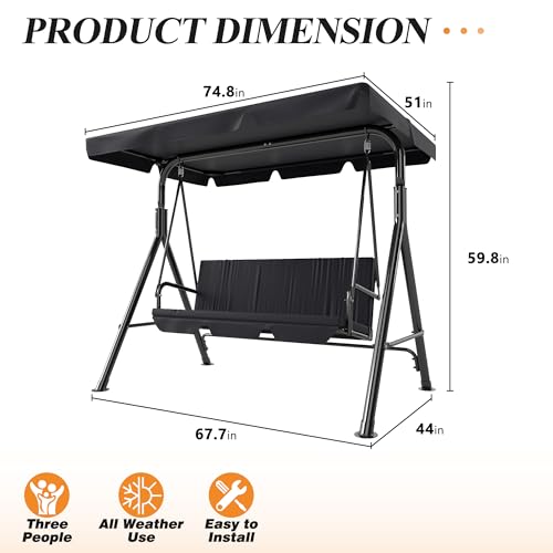 3-Seat Patio Swing Chair,Outdoor Porch Swing with Adjustable Canopy and Durable Steel Frame for Patio, Garden, Poolside (Black)