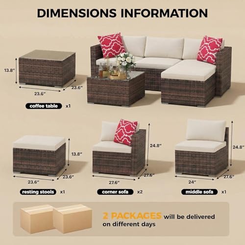 GarveeTech 5 Pieces Patio Furniture Set, All Weather Wicker Rattan Sectional Sofa, Outdoor Patio Furniture Set with Washable Cushions for Garden, Backyard, Porch, Poolside (Brown&Beige) ﻿
