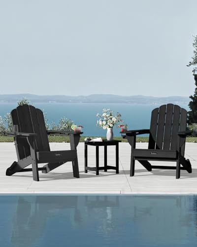 Eesdom Folding Adirondack Chair,All-Weather HDPE Fire Pit Chair with 2 Cup Holders, Plastic Outdoor Chair for Patio Deck Garden Lawn, Black