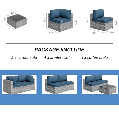 Shintenchi 7 Pieces Outdoor Patio Furniture Sets, Patio Sectional Sofa Couch, Gray PE Wicker Furniture Modular Patio Conversation Sets Patio Sofa with Washable Cushions, Aegean Blue