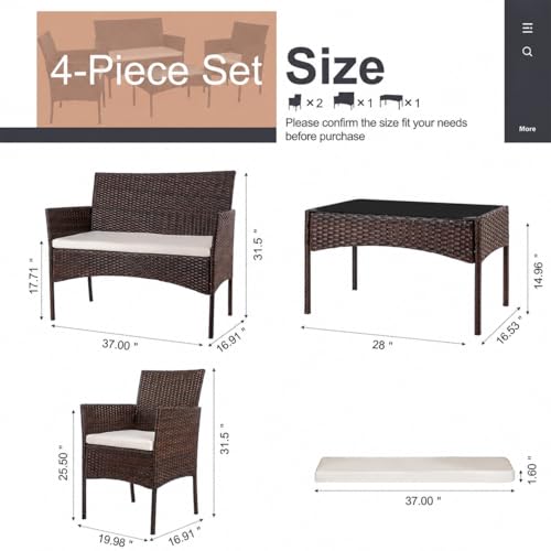 Shintenchi 4 Piece Patio Furniture Sets, Outdoor Small Patio Table and Chairs Set, Rattan Patio Conversation Set, Balcony Porch Furniture with Tempered Glass Coffee Table for Outside, Brown