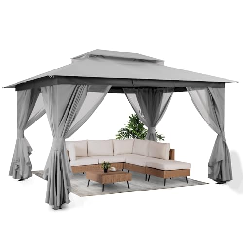 LAUSAINT HOME 10'x13' Outdoor Gazebo, Metal Frame Heavy Duty Patio Canopy Tent Shelter with Double Roofs, Mosquito Nettings and Privacy Screens for Backyard, Garden, Lawn, Gray