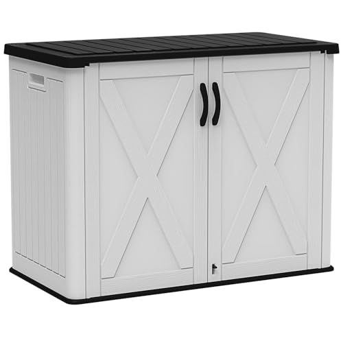 Devoko 26 Cu Ft Plastic Outdoor Storage Shed, Horizontal Resin Storage Cabinet with Lockable Door, Water-Resistant Backyard Storage Box for Garden Patio, White, Shelf Not Included
