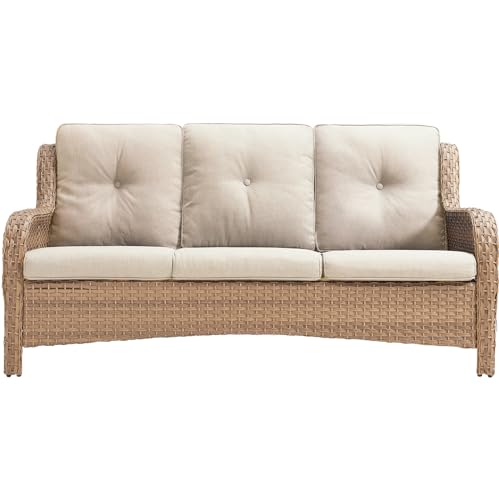 Artfurniz Wicker 3-Seat Outdoor Sofa - All Weather Rattan Sofa Patio Furniture with Deep Seating, Comfortable High Back Outdoor Couch for Balcony, Porch, Deck and Backyard - Yellow/Beige