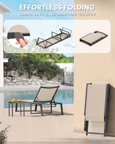 Oasbira Aluminum Chaise Lounge Chair Outdoor, Foldable& No Assembly Patio Pool Lounge Chairs 5-Position Recliner for Outside, Fully Grounded Legs Sun Lounger for Poolside, Khaki