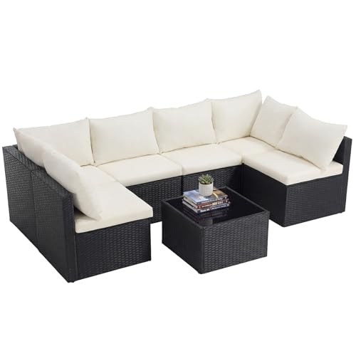 Sweetcrispy 7-Piece Outdoor Patio Sectional Sofa, Modular PE Wicker Outdoor Sectional with Thick Cushions, Rattan Patio Sofa Set with Coffee Table for Backyard, Poolside, Garden, Deck, Black