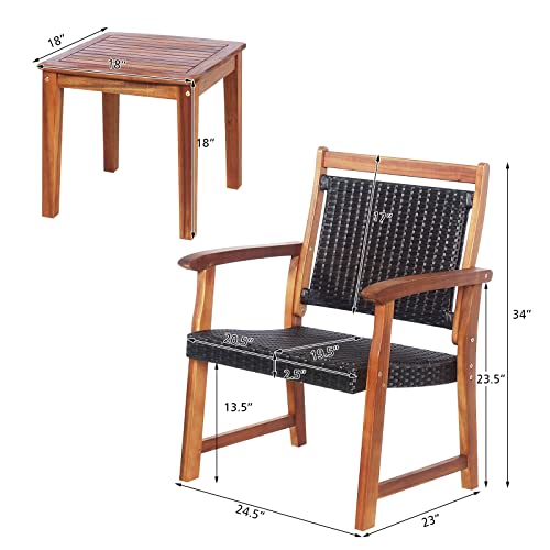 Tangkula 3-Piece Patio Acacia Wood Bistro Set, Patiojoy Outdoor Furniture Set with 2 Chairs & Side Table, Weather Resistant Rattan Garden Conversation Chair Set for Pool Side, Deck, Balcony