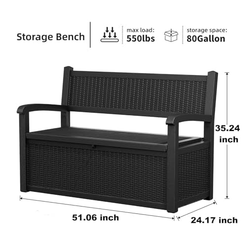 PatioZen 80 Gallon Outdoor Storage Bench Deck Box Waterproof Lockable,Outdoor Storage Furniture for Patio,Garden and Porch,Tools and Cushions（Black）