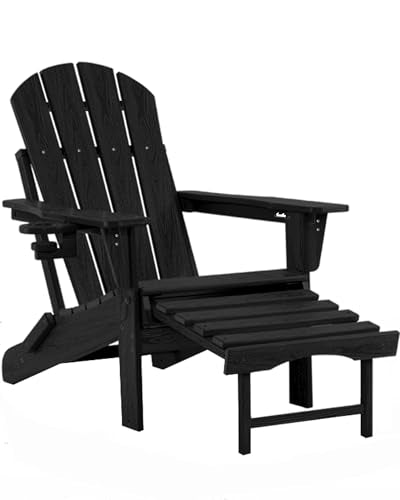 Serique Adjustable Adirondack Rocking Chair with Retractable Ottoman, 4-in-1 Multifunctional Folding Patio Chair with Cup Holder, Outdoor Chair Wood Texture for Lawn, Porch, Backyard, Pool(Black)