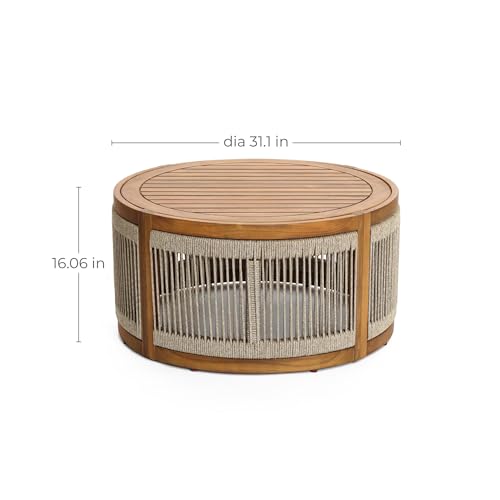 LuxenHome Outdoor Coffee Table, 31'' Acacia Wood Rope Drum Round Sides Patio Tables, Modern Farmhouse Garden Coffee Table, Outdoor Furniture for Porch, Balcony, Outside Furniture