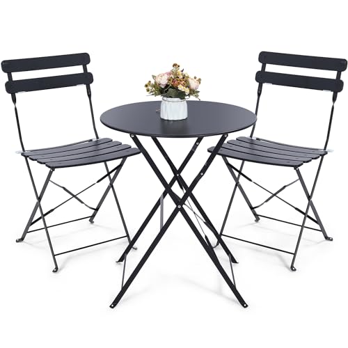 Kromax Outdoor 3 Piece Patio Bistro Set, Folding Bistro Table and Chairs Set of 2, Space Saving, Foldable Coffee Tables for Balcony or Garden, Black