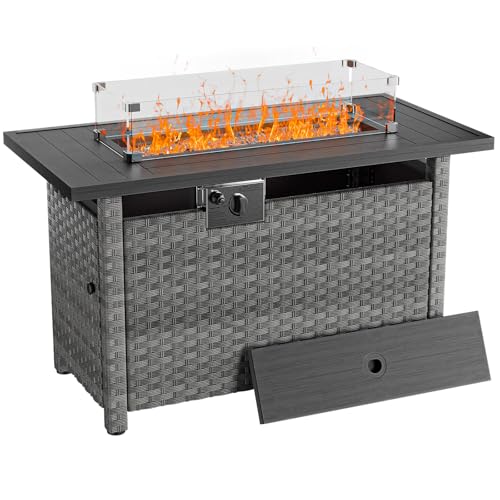 44" Fire Pit Table with Wind Guard for Outdoor, Auto-Ignition Propane Gas Firepits Rattan Rectangular Table for Outside Patio 60,000 BTU, Gray