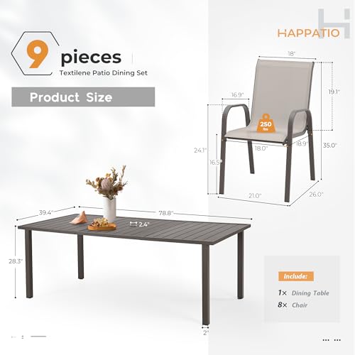 HAPPATIO Outdoor Patio Dining Set, 8 Quick Dry Textilene Dining Chairs and Dining Table with Umbrella Hole, Stackable Textilene Chairs for Garden, Patio and Poolside Backyard, Light Grey