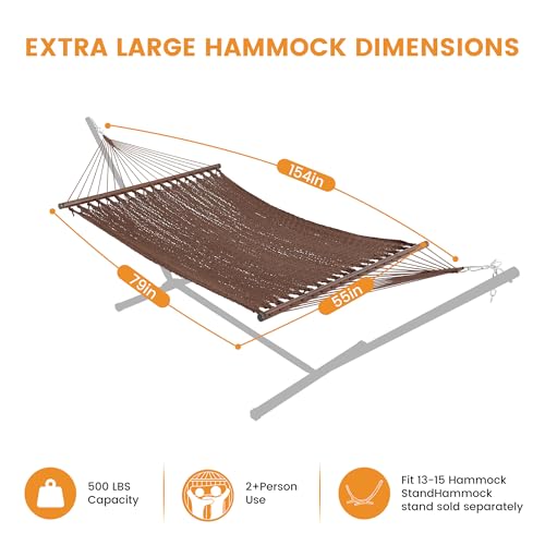 Lazy Daze Hammocks 13 FT Extra Large 2+ Person Caribbean Rope Hammock, Hand Woven Polyester XL Hammock with Spreader Bars, for Outside Outdoor Backyard Patio Poolside, 500 LBS Capacity, Brown