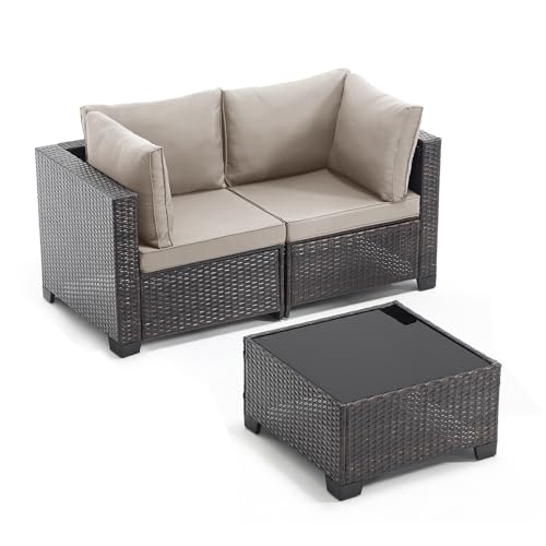 ANJ 3 Piece Outdoor Wicker Patio Furniture Set, Modular Loveseat Sofa with with Glass Top Coffee Table, All-Weather Rattan Conversation Couch Set for Balcony, Backyard, Dark Brown Wicker-Grey