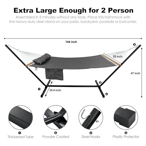 GAFETE 2 Person Hammock with Stand for Outside, Heavy Duty Steel Stand, 55inch Double Hammocks, Large Removable Pillow, Storage Bags, Max 475 lbs Capacity (Haze Gray)