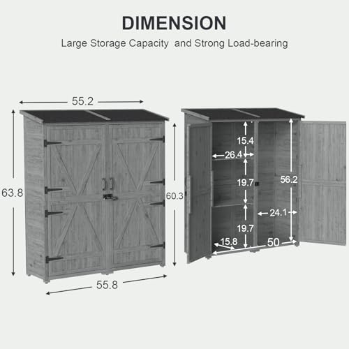 Gizoon Outdoor Storage Cabinet with Waterproof Roof, Double Lockable Doors Garden Shed with 2 Removable Shelves, Wooden Storage Shed with Large Storage Space for Patio, Garden, Backyard, Lawn, Grey