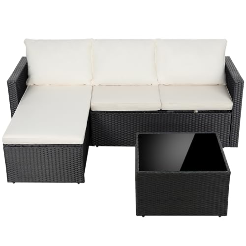 Shintenchi 4 Pieces Patio Furniture Sets, Outdoor Sofa Patio Sectional Sets All Weather, 2-in-1 Wicker Rattan Seating Sofa Couch with Cushions & Coffee Table for Yard, Garden, Porch, Poolside (Beige)