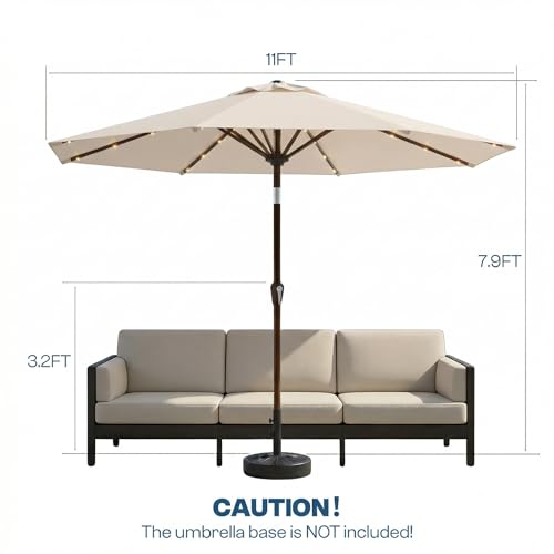 Patio Kingdom 11FT Solar Patio Umbrella with Lights, Outdoor Table Market Umbrella with 32 LED Lights, 8 Sturdy Ribs, Smooth Crank Lift for Pool, Deck and Garden, UV-Resistant, Beige